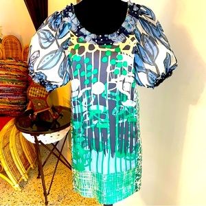 Anthropologie HANII Y Green Print Silk Shift Dress. Elbow Length Sleeve! Great S